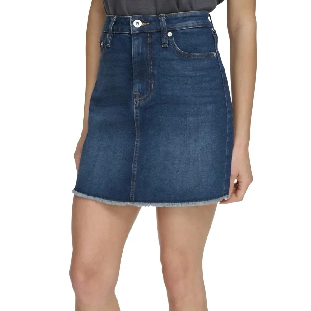 DKNY Jeans Womens Mid Rise Denim Skirt Dark Wash Raw Hem A-Line Size 10 Indigo